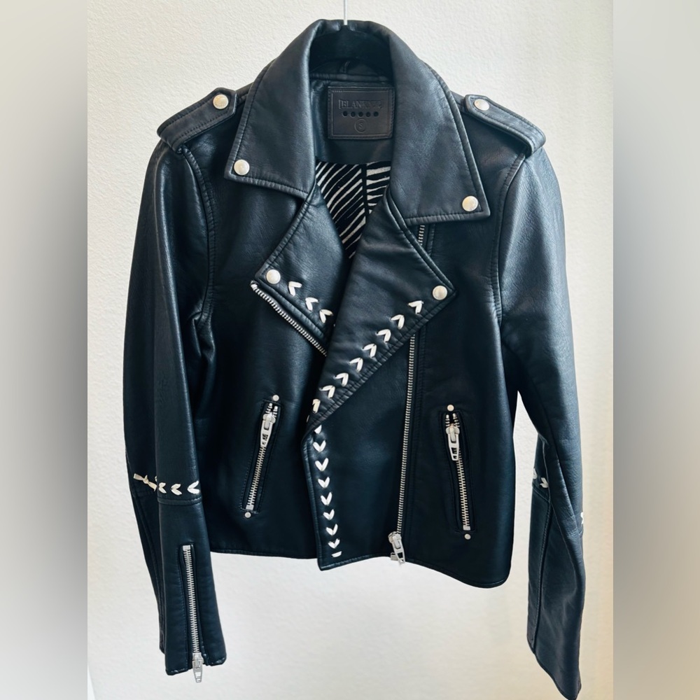 BLANKNYC Black Faux Leather Moto Jacket | White Stitching | Linen Lined | Size S